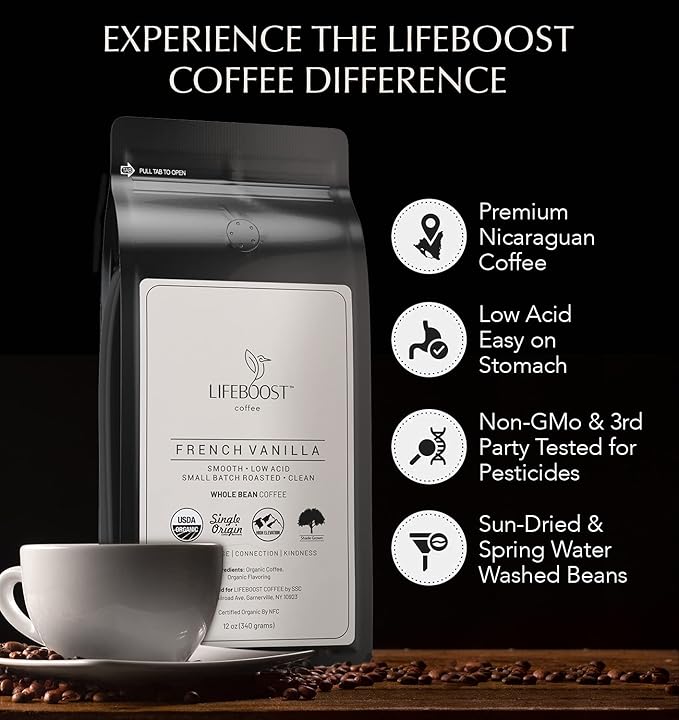 Lifeboost Whole Bean French Vanilla Coffee - Low Acid Single Origin Non-GMO Organic Coffee - Third Party Tested For Mycotoxins &amp Pesticides - 12 Ounces