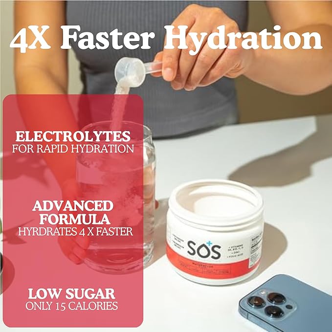 SOS Hydration Electrolyte Powder Drink Mix – Watermelon 31 Servings | Low Sugar Electrolytes 15 Cal | Keto Hydration Powder for Rapid Rehydration