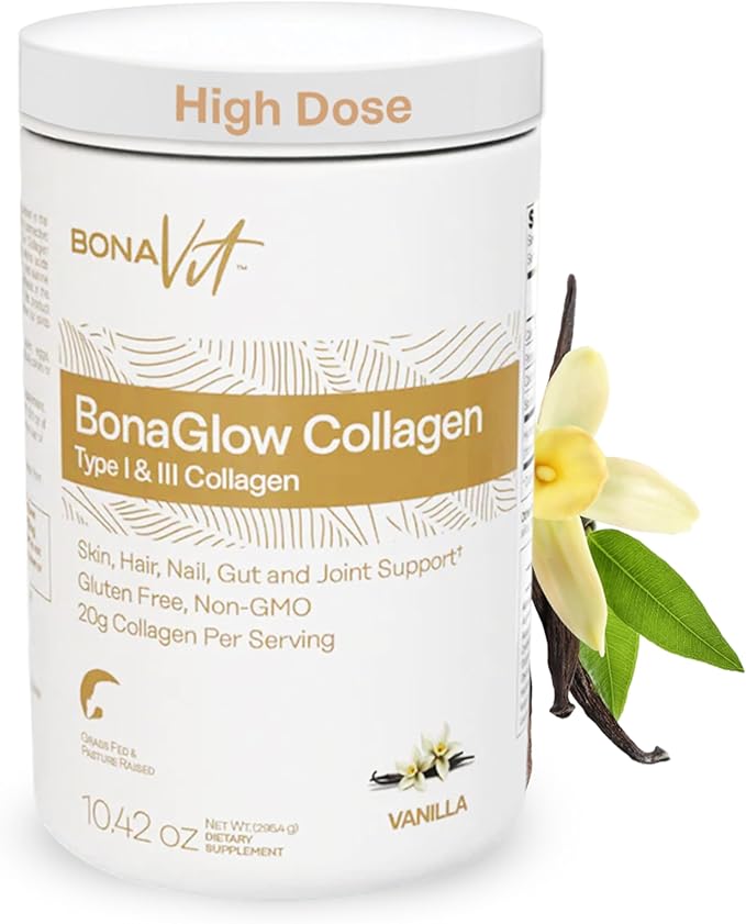 Collagen Peptides - Type I &amp III - Premium Hydrolyzed Collagen Powder - with Digestive Enzymes &amp Probiotics - High Dosis of Collagen &amp Protein - 14 Servings - BonaGlow Vanilla