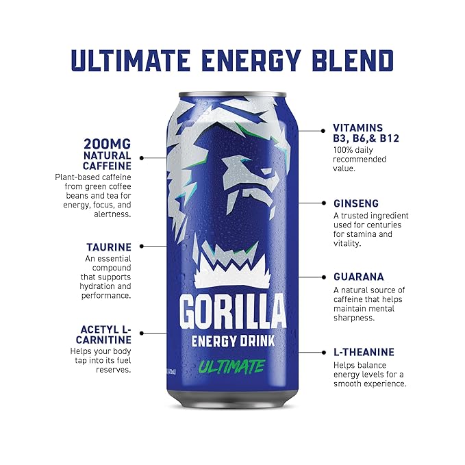 Gorilla Energy Original &amp Watermelon Melon Energy Drink 200mg Natural Caffeine Real Fruit Juice Squeezed &amp Concentrated No Added Sugar and No Artificial Colors 24 Cans