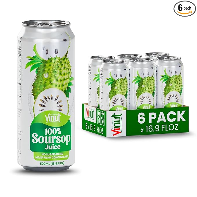 VINUT 100% Soursop Juice No Added Sugar Not From Concentrate 16.9 fl oz (500 mL) Can Pack of 6