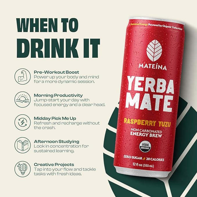 Mateina Yerba Mate Zero Sugar Energy Drink – 120mg Natural Caffeine – Organic Non-GMO Non-Carbonated – Dr. Andrew Huberman Recommended – (12 fl oz Cans 12 Pack) Raspberry Yuzu