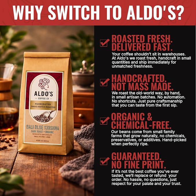 Aldo’s Organic Bali Blue Coffee Beans – Handcrafted Single-Origin Indonesian Coffee Small-Batch Artisan Roasted Bold Smooth Low-Acidity Coffee (1 lb) (Medium Fine Ground)