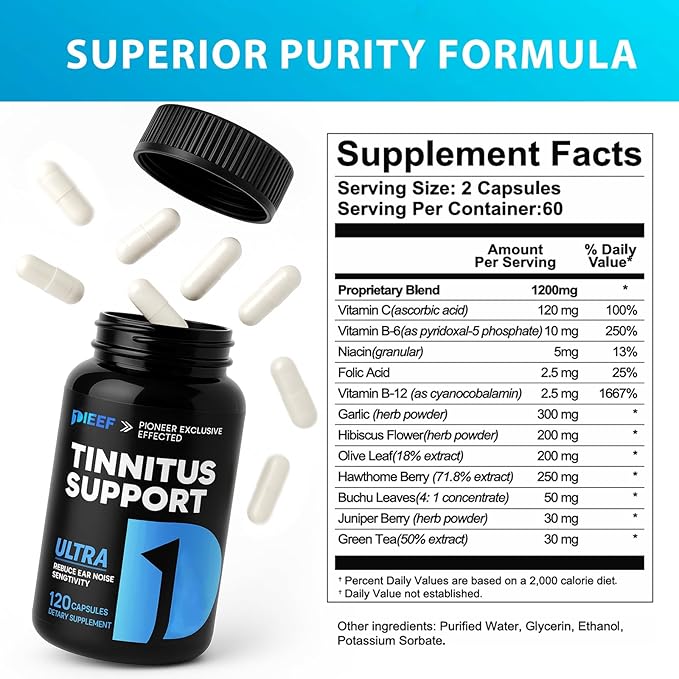 Tinnitus Relief for Ringing Ears 120 Capsules Tinnitus Support Supplement Promotes Ear Comfort &amp Hearing Wellness for Men and Women 60-Day Supply