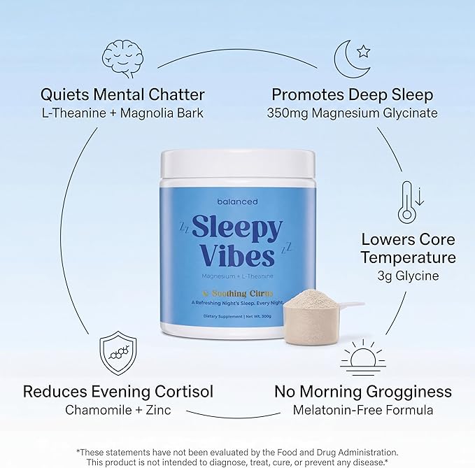 Sleepy Vibes Calm Magnesium Powder Sleep Drink Mix - Melatonin Free Natural Sleep Aid with L-Theanine Glycine &amp Chamomile - Non Habit Forming Calming Bedtime Supplement - Soothing Citrus 30 Serv