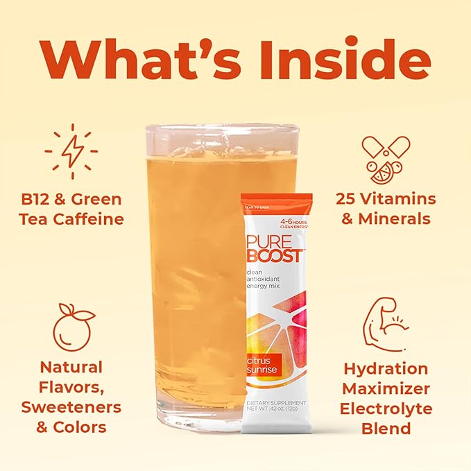 Pureboost Clean Energy Booster Refreshing Energy Drink Mix with B12 Vitamins Electrolytes Antioxidants Sugar-Free with No Sucralose (Citrus Sunrise 30 Count)