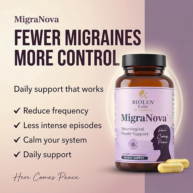 Migraine Support Supplement for Daily Prevention and Migraine Relief Support | Magnesium Riboflavin B2 &amp B6 CoQ10 and Feverfew | NeuroCalm Blend | Made in USA | MigraNova