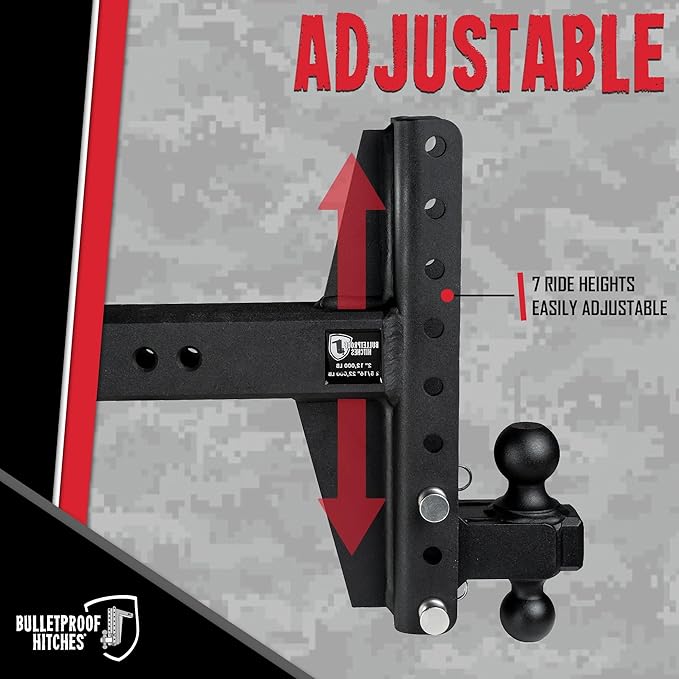 BulletProof Hitches - 3.0 Adjustable Heavy Duty Trailer Hitch (22000 lb. Rating) - Offset 4 &amp 6 Drop/Rise Trailer Hitch with 2 &amp 2-5/16 Dual Ball - Powder Coat Solid Steel Corrosion-Re