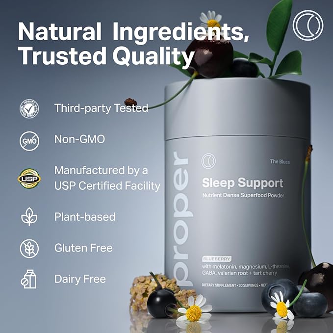 Proper The Blues Sleep Aid – Nutrient-Dense Superfood Powder with + Melatonin Magnesium L-Theanine GABA Valerian Root &amp Tart Cherry – Calm Supplement for Nighttime Relaxation &amp Sleeping