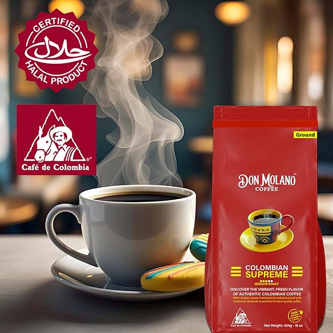 Don Molano Coffee Colombian Supreme Ground Coffee Medium Roast 16oz - Premium Colombian Coffee Halal Certified - Expertly roasted to bring out the perfect blend of acidity and sweetness with notes o