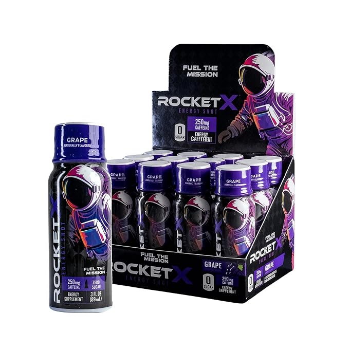 RocketX Energy Drink Zero Sugar Zero Calorie Beverage with Caffeine and B Vitamins Grape Flavor 3 fl oz Portable Bottle Pack of 12
