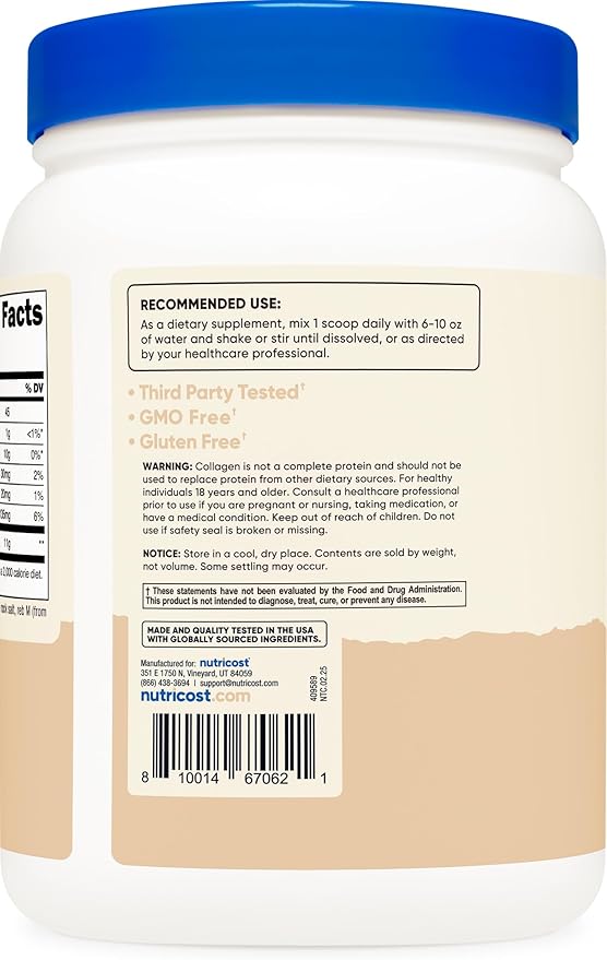 Nutricost Collagen Peptides Powder 1LB (454 G) (Vanilla) - Grass Fed Bovine Collagen Hydrolysate