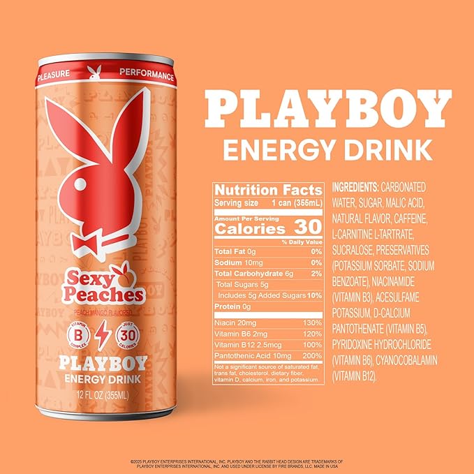 PLAYBOY Energy Drink – Sexy Peaches (Peach Mango) – 12 Pack of 12oz Cans | Performance + Pleasure Energy | NextGen Lifestyle Drink