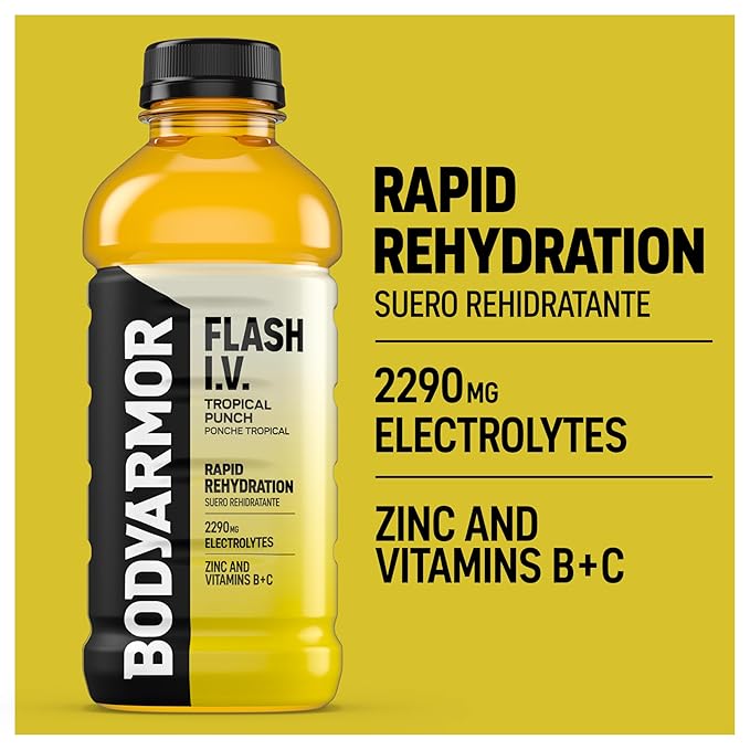 BODYARMOR Flash I.V. Electrolyte Beverage Tropical Punch Hydration Drink with Coconut Water For Rapid Rehydration Post Workout Recovery 20 Fl Oz (Pack of 12)