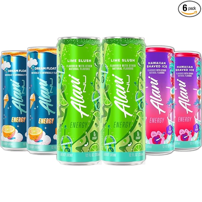 New Alani Energy Drinks Lime Slush Dream Float Hawaian Shaved Ice Variety Pack Sugar-Free Low-Calorie 200mg Caffeine Energy Boost Drink 12 fl oz (Pack of 6) (Packaging May Vary)