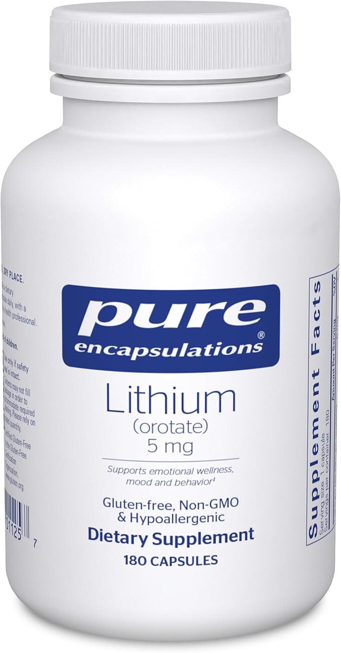 Pure Encapsulations Lithium Orotate 5 mg - Brain Support Supplement - with N-Acetyl-L-Cysteine (NAC) for Memory &amp Brain Behavior* - Gluten Free &amp Non-GMO - 180 Capsules