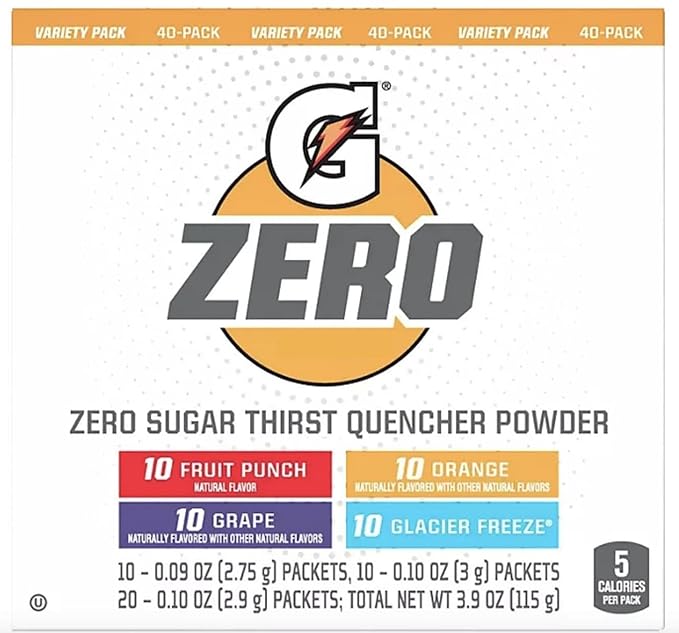 G Zero Sugar Thirst Quencher Powder (Pack Of 40) 10 Flavors Of Each (Fruit Punch Orange Grape &amp Glacier Freeze)