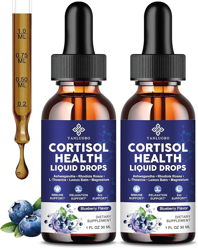 Cortisol Supplements for Women - Cortisol Manager Liquid Drops with Magnesium Ashwagandha &amp Rhodiola rosea L-theanine - Promotes Relaxation &amp Better Sleep Mood Blueberry Flavors 1FL.OZ(2P