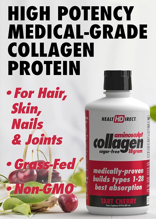 HEALTH DIRECT AminoSculpt Sugar-Free Collagen Supplement - High Potency Medical-Grade Protein for Hair Skin Nails &amp Joints Grass-Fed Non-GMO Liquid Collagen - Tart Cherry - 30 Fl Oz