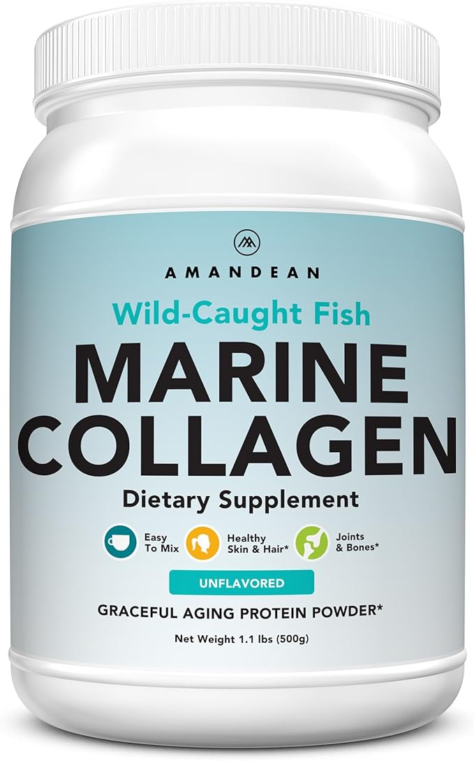 AMANDEAN Marine Collagen Peptides Powder. Double Hydrolyzed for Increased Absorption. Wild-Caught Fish Collagen Supplement. Type 1 &amp 3 Collagen Protein. 18 Amino Acids for Skin Hair Nails.