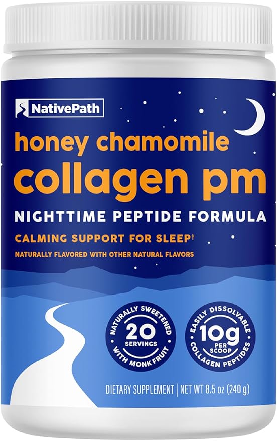NativePath Collagen PM - Honey Chamomile Nighttime Collagen Peptides Powder with Magnesium GABA L-Theanine and Melatonin - 20 Servings
