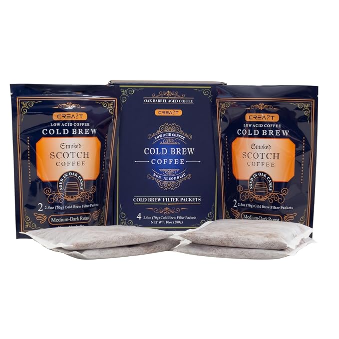 CREA8T Cold Brew Smoked Scotch flavored coffee - Pack of 4 Cold Brew GROUND Filter packets 2.5oz each totalling 10oz.