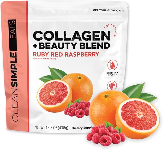 Clean Simple Eats Collagen Powder + Beauty Blend Ruby Red Raspberry Hydrolyzed Collagen Peptides from Grass Fed Bovine &amp Chicken Hyaluronic Acid for Hair Skin Nail &amp Joint Support 30 Ser