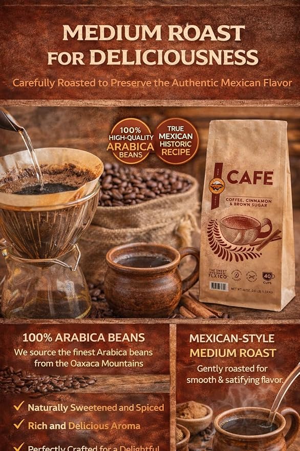 Mexican Cafe Ground Coffee - Cinnamon Brown Sugar Arabica Blend Pre-Sweetened 40oz (40 Cups) Hot/Iced