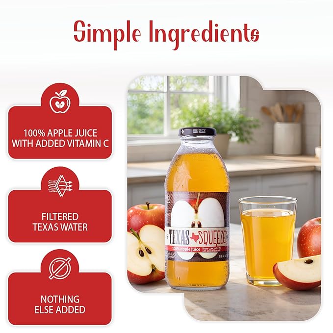 Texas Squeeze Apple Juice NON GMO Verified Bottled in Texas Apple Juice from Concentrate No Sugar Added No Preservatives 16 fl oz Pack of 12