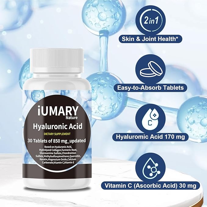 Hyaluronic Acid Supplements 850mg High Bioavailable Dietary Hyaluronic Acid - Advanced Joint Support with Hydrolyzed Collagen Turmeric Glu-cosamine MSM Vitamin C – 30 Tablets（Pack of 3）