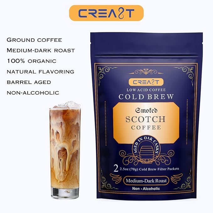 CREA8T Cold Brew Smoked Scotch flavored coffee - Pack of 4 Cold Brew GROUND Filter packets 2.5oz each totalling 10oz.