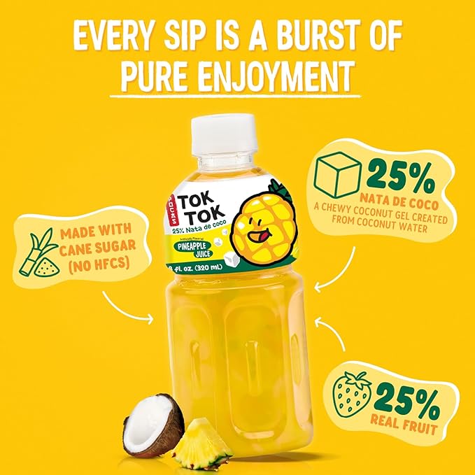 Pocas Toktok Pineapple Juice 12-Pack – Made with Real Fruit &amp Chewy Nata De Coco 8 Oz Each