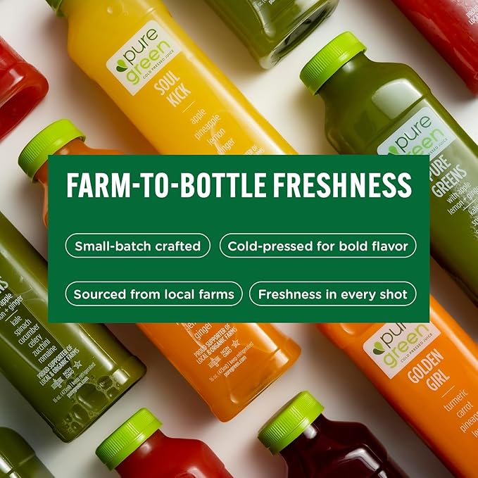 Pure Green Cold Pressed Shots - Immunity Shot - Fresh Functional Blend with Ginger &amp Lemon - Natural Gluten Free Non-GMO No Artificial Colors or Flavors - Made from Real Fruits &amp Veggies