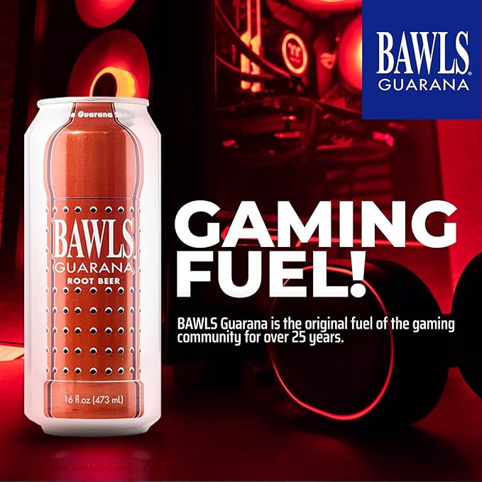 BAWLS Guarana Root Beer - Guarana Fueled Soda for Energy High Caffeinated Drink 12 Pack 16oz Cans