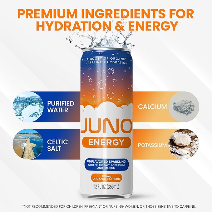 JUNO ENERGY Unflavored Sparkling Energy Drink - Sugar Free 125mg Organic Caffeine from Green Coffee Beans with Celtic Salt Potassium &amp Calcium for Hydration &amp Energy - 12 Pack
