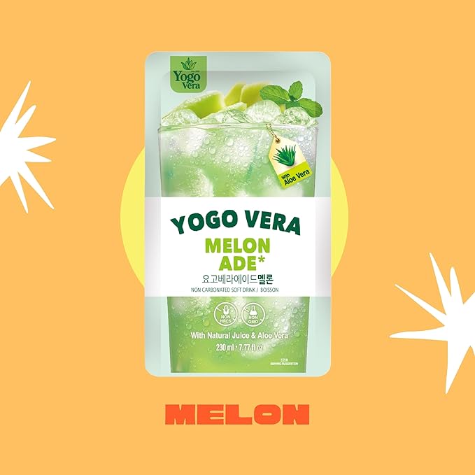 Yogo Vera Melon Ade Korean Drink Pouches – Authentic Korean Convenience Store Beverage with Sweet Melon Flavor Refreshing Juice Pouch (10 Pack)