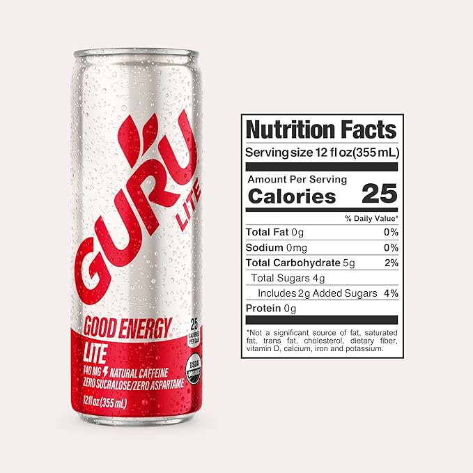 GURU Lite Organic Energy Drinks Clean Energy Drink with Plant Based Natural Caffeine from Green Tea Low Calorie Gluten Free and Vegan 140MG Caffeine Healthy Drinks 12oz (Pack of 12)