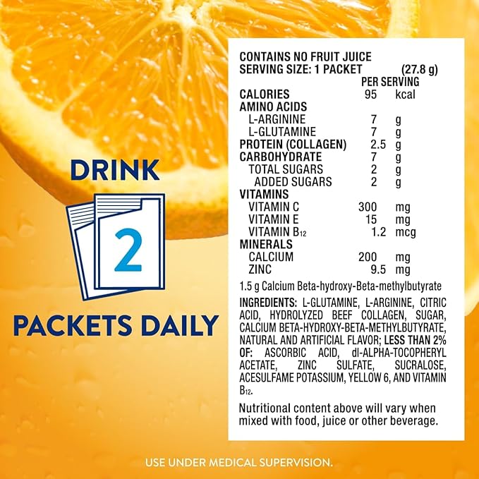 Juven Therapeutic Nutrition Drink Powder Including Collagen Peptides Amino Acids and HMB for Wound Healing Support Orange 30 Packets(Pack of 2)