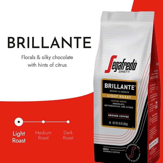 Segafredo Zanetti Ground Coffee – Made with Arabica Coffee – Light Roast Smooth with Floral Notes – Blend of Colombian and Sumatran Arabicas – Bright Medium-Bodied – Brillante 10oz Bag Pack of 6