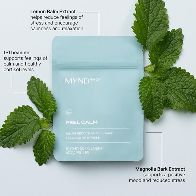 Nu Skin MYND360 Feel Calm with L-Theanine | 60 Capsules | Supports Relaxation &amp Calm Mindset | L-Theanine 200mg Lemon Balm Leaf &amp Magnolia Bark Extract | Calm Aid for Daily Wellness | Vegetar