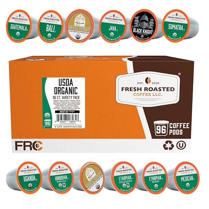 Fresh Roasted Coffee USDA Organic Variety Pack | 96 Pods for K Cup Brewers