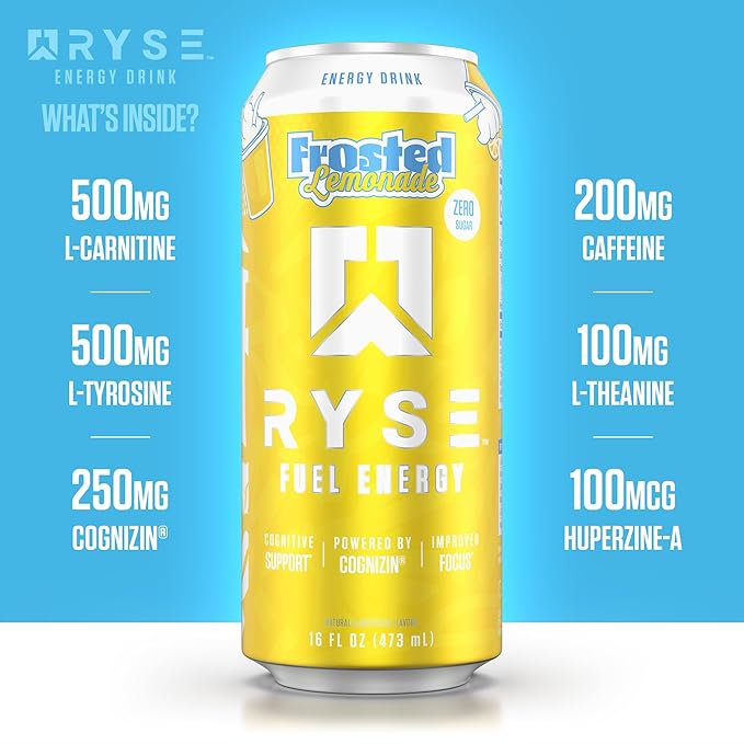 RYSE Fuel Energy Drink - Frosted Lemonade - Sugar Free - 200mg Natural Caffeine New Formula to Supports Cognitive Health &amp Improves Focus - No Artificial Colors - 16 fl oz Cans (12-Pack)