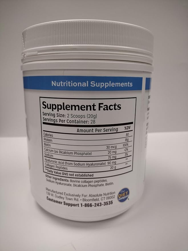 Absolute Nutrition Collagen Powder - Unflavored 20oz. with Hyaluronic Acid Organic Collagen Peptides for Men &amp Women Grass-Fed - Hair Skin Nail &amp Joint Support Paleo &amp Keto Non GMO