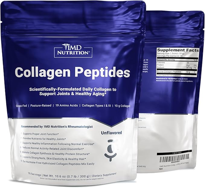 1MD Nutrition Collagen Peptides - Hydrolyzed Collagen Powder Types I &amp III for Women &amp Men - Joint Hair &amp Nail Support - Unflavored - 30 Servings