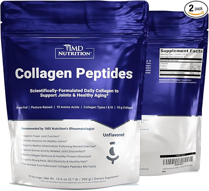 1MD Nutrition Collagen Peptides - Hydrolyzed Collagen Powder Types I &amp III for Women &amp Men - Joint Hair &amp Nail Support - Unflavored - 30 Servings (2-Pack)