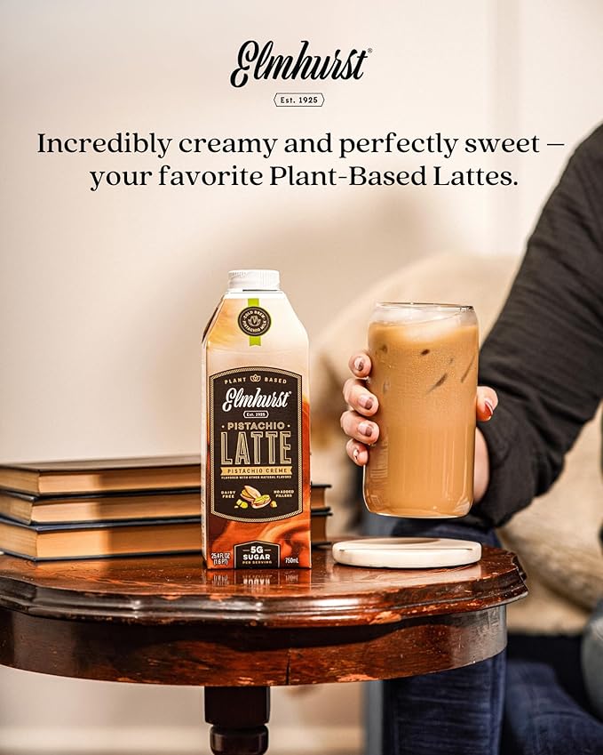 Elmhurst 1925 Pistachio Crème Latte – Plant-Based Vegan Dairy-Free Plant Milk Latte Made of Pistachio Milk Cold Brew Premium Arabica with 95mg Caffeine &amp Sweet Cream Notes – 25.4oz (Pack of 6)