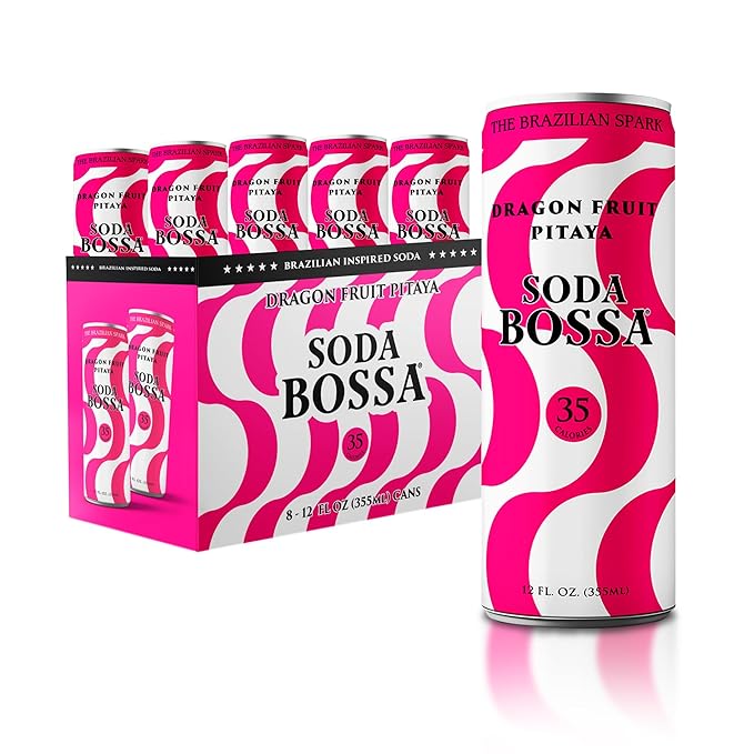 Soda Bossa Sparkling Healthy Soda Dragon Fruit Low-Calorie Gluten Free &amp Non-GMO Guilt-Free &amp Hydrating Sparkling Soda Drink - Natural Soda - Craft Soda 8-12 FL OZ Cans/Box (Pack of 1 Box)