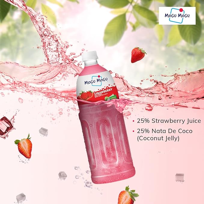 Mogu Mogu Strawberry Juice with 25% Nata De Coco 1000ml (12 Pack)