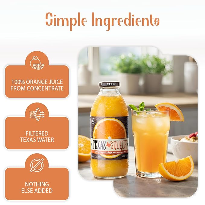 Texas Squeeze Orange Juice NON GMO Verified Texas Grown and Bottled Orange Juice from Concentrate No Sugar Added No Preservatives 16 fl oz Pack of 12
