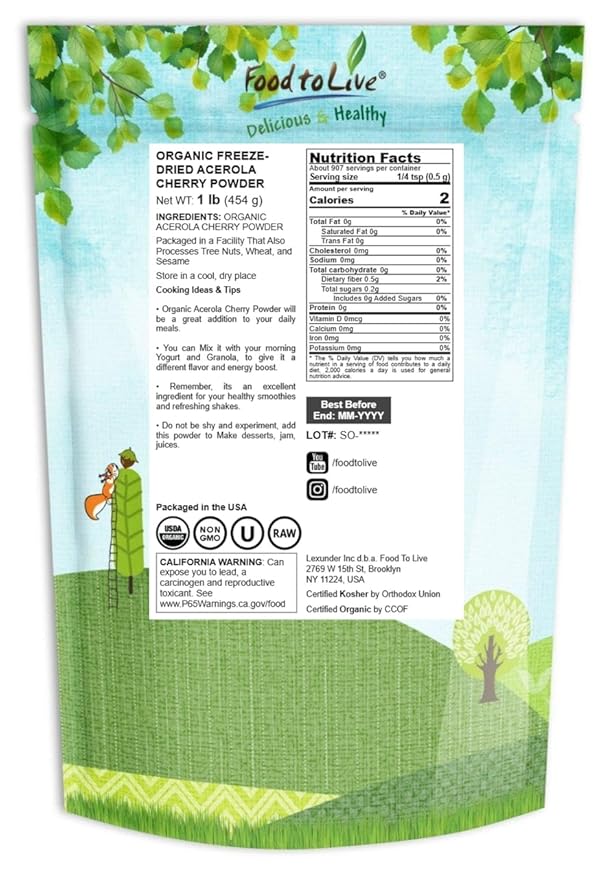Food to Live Organic Freeze-Dried Acerola Cherry Powder 1 Pound – Non-GMO 100% Pure Kosher Raw Non-Irradiated No Additives Vegan Superfood Bulk Great for Juice Drinks and Smoothies Rich in
